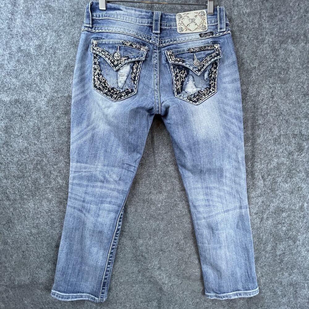 Miss Me Jeans Womens 27 Mid Easy Cropped Contrast Stitch Flap Rhinestones Y2K
